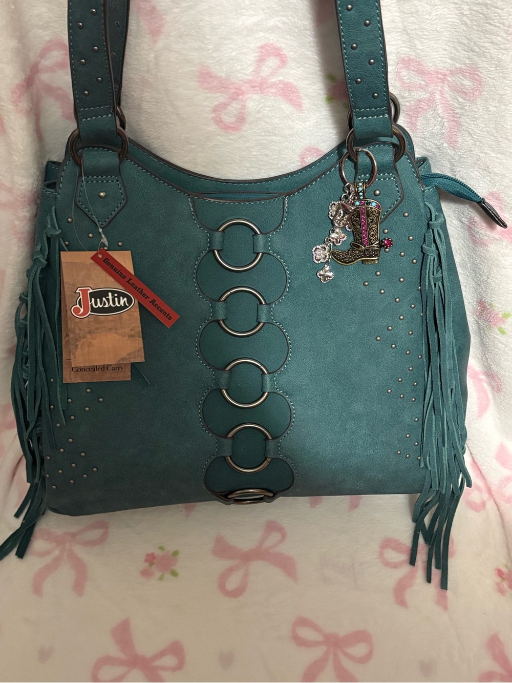 Justin Boots Teal Fringe Shoulder Bag with Ring Accents
